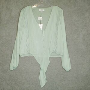 Where Are You‎ From Shirt Womens Top  Blouse Green Striped Lace V Neck Lined L